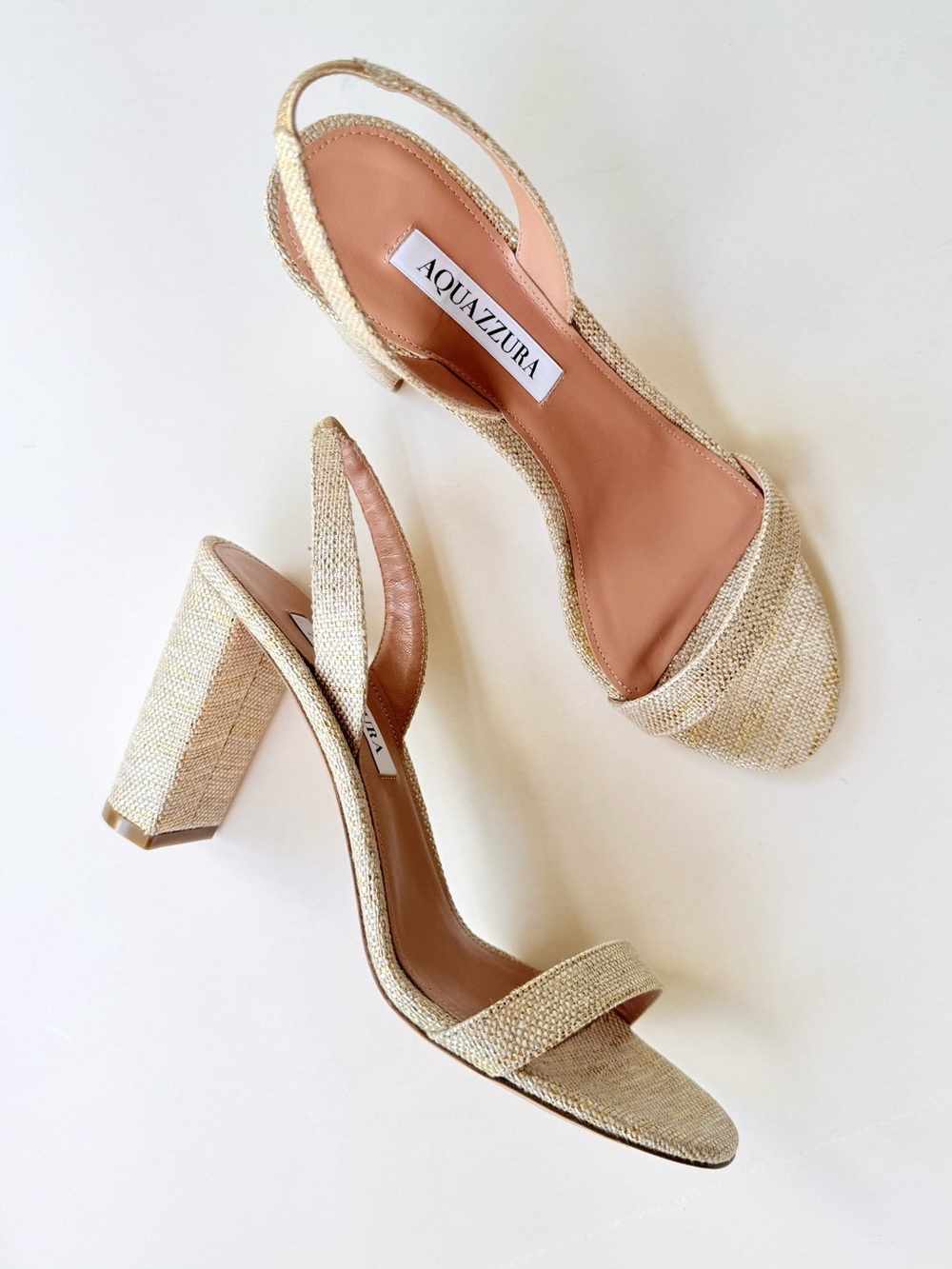 NWOB Aquazzura So Nude 85MM Metallic Sandals Woven Textile Gold Leather 39 $695 - Picture 2 of 12